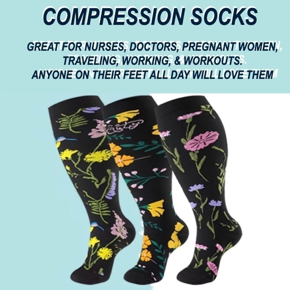 Unisex 15-20 mmHg Compression Socks 3XL Floral Knee High Medical‎ Black 3 Pack